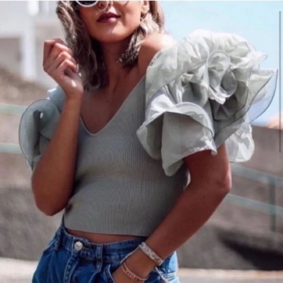 ZARA ORGANZA CROP TOP DUCK BLUE - Picture 4 of 8